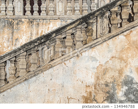 Weathered old balustrade stone staircase architectural detail Weathered old balustrade stone staircase architectural detail 134946788