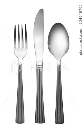 Set of stainless steel cutlery on transparent background Set of stainless steel cutlery on transparent background 134946795