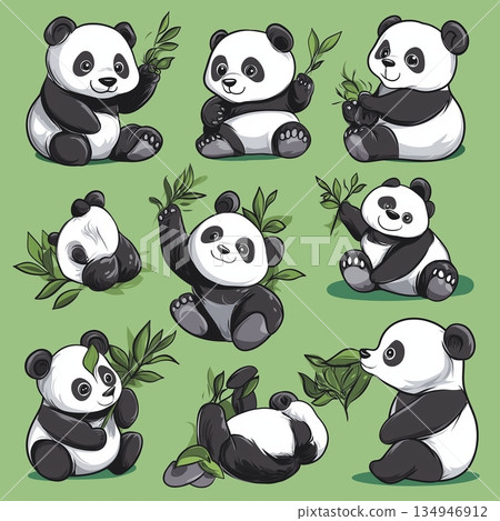 Collection of cute cartoon panda baby in various poses with green bamboo branches Collection of cute cartoon panda baby in various poses with green bamboo branches 134946912
