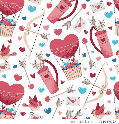 Seamless Pattern With Cupid's Quiver, Arrow, Bow And Hot Air Balloon In Flat Style. Whimsical Valentine's Day Adventure Texture For Fabric, Background, Packaging, Wallpaper And Surface Design. Seamless Pattern With Cupid's Quiver, Arrow, Bow And Hot Air Balloon In Flat Style. Whimsical Valentine's Day Adventure Texture For Fabric, Background, Packaging, Wallpaper And Surface Design. 134947052