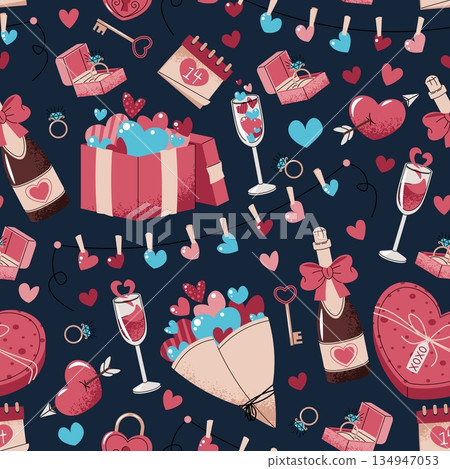 Seamless Pattern With Gift Box, Champagne, Bouquet And Hearts In Flat Style. Ultimate Valentine's Day Celebration Texture For Fabric, Background, Packaging, Wallpaper And Surface Design. 134947053