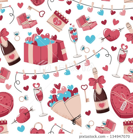 Seamless Pattern With Gift Box, Champagne, Bouquet And Hearts In Flat Style. Ultimate Valentine's Day Celebration Texture For Fabric, Background, Packaging, Wallpaper And Surface Design. 134947070
