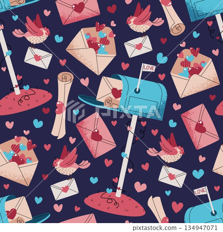 Seamless Pattern With Mailbox, Love Letters And Hearts In Flat Style. Vintage Valentine's Day Correspondence Texture For Fabric, Background, Packaging, Wallpaper And Surface Design. 134947071