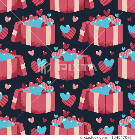 Seamless Pattern With Gift Box And Flying Hearts In Flat Style. Valentine's Day Surprise Texture For Fabric, Background, Packaging, Wallpaper And Surface Design. Joyful Release Concept 134947081