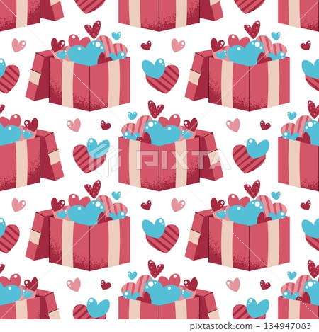 Seamless Pattern With Gift Box And Flying Hearts In Flat Style. Valentine's Day Surprise Texture For Fabric, Background, Packaging, Wallpaper And Surface Design. Joyful Release Concept 134947083