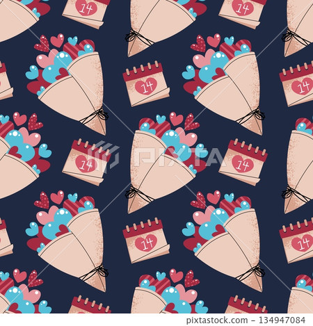 Seamless Pattern With Bouquet Of Hearts And Calendar Marked 14th February In Flat Style. Valentine's Day Floral Date Texture For Fabric, Background, Packaging, Wallpaper And Surface Design. Seamless Pattern With Bouquet Of Hearts And Calendar Marked 14th February In Flat Style. Valentine's Day Floral Date Texture For Fabric, Background, Packaging, Wallpaper And Surface Design. 134947084