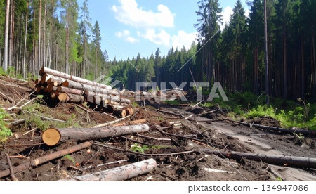 森林中堆放的倒木 1 森林中堆放的倒木 1 134947086