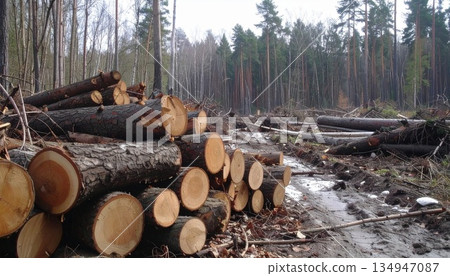 森林中堆放的伐倒木材 2 134947087