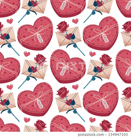 Seamless Pattern With Heart-Shaped Box, Rose And Love Letter Envelope In Flat Style. Classic Valentine's Day Gift Texture For Fabric, Background, Packaging, Wallpaper And Surface Design 134947103