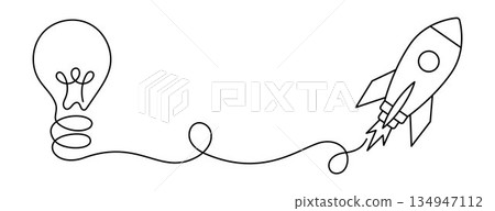 Light bulb connected to rocket symbolizing idea launch, creative thinking, innovation, startup growth, inspiration turning into action, progress, motivation and business psychology concept. 134947112