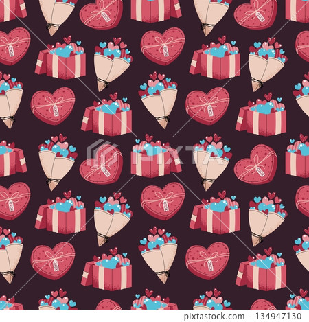 Seamless Pattern With Flower Bouquet, Gift Box And Hearts In Flat Style. Classic Valentine's Day Present Texture For Fabric, Background, Packaging, Wallpaper And Surface Design. Perfect Gift Concept. 134947130