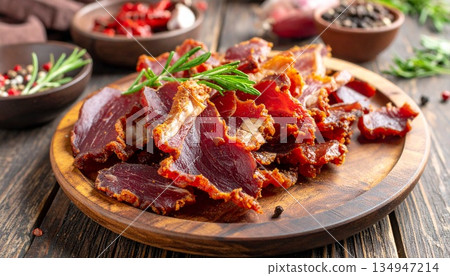 三塊瘦肉乾盛放在木盤中 三塊瘦肉乾盛放在木盤中 134947214