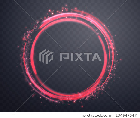 Red magic ring with glowing particles. Neon realistic energy flare halo ring. Abstract light effect on a dark transparent background. Vector illustration. Red magic ring with glowing particles. Neon realistic energy flare halo ring. Abstract light effect on a dark transparent background. Vector illustration. 134947547