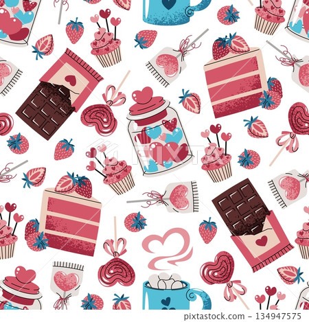 Seamless Pattern With Assorted Sweets, Chocolate, Cake Slice, Lollipop And Strawberry In Flat Style. Valentine's Day Dessert Collection Texture For Fabric, Background, Packaging, Wallpaper Seamless Pattern With Assorted Sweets, Chocolate, Cake Slice, Lollipop And Strawberry In Flat Style. Valentine's Day Dessert Collection Texture For Fabric, Background, Packaging, Wallpaper 134947575