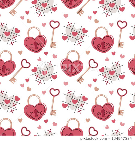 Seamless Pattern With Heart-Shaped Padlock And Key In Flat Style. Valentine's Day Secret Love Texture For Fabric, Background, Packaging, Wallpaper And Surface Design. Unlock The Heart Concept. 134947584