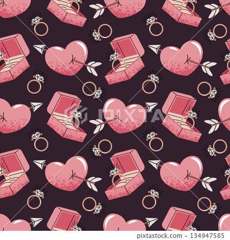 Seamless Pattern With Engagement Ring Box And Cupid's Arrow Heart In Flat Style. Wedding Proposal Texture For Fabric, Background, Packaging, Wallpaper And Surface Design. Eternal Commitment Concept. Seamless Pattern With Engagement Ring Box And Cupid's Arrow Heart In Flat Style. Wedding Proposal Texture For Fabric, Background, Packaging, Wallpaper And Surface Design. Eternal Commitment Concept. 134947585