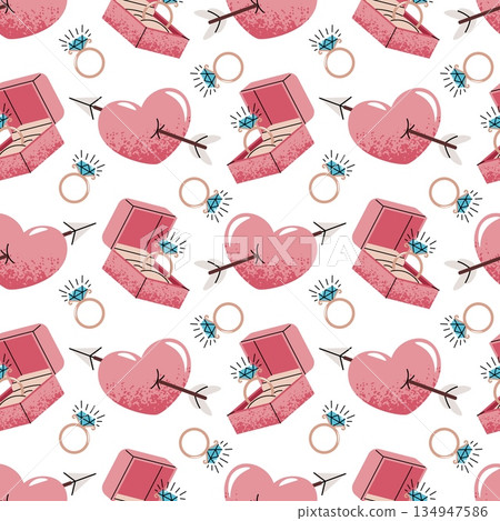 Seamless Pattern With Engagement Ring Box And Cupid's Arrow Heart In Flat Style. Wedding Proposal Texture For Fabric, Background, Packaging, Wallpaper And Surface Design. Eternal Commitment Concept. 134947586