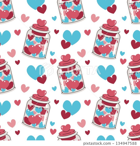 Seamless Pattern With Jar Full Of Hearts In Flat Style. Valentine's Day Love Potion Texture For Fabric, Background, Packaging, Wallpaper And Surface Design. Keepsake Of Love Concept. Seamless Pattern With Jar Full Of Hearts In Flat Style. Valentine's Day Love Potion Texture For Fabric, Background, Packaging, Wallpaper And Surface Design. Keepsake Of Love Concept. 134947588