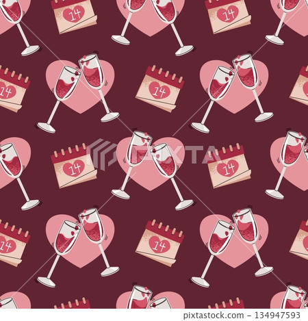Seamless Pattern With Clinking Champagne Glasses And Calendar Marked 14th February In Flat Style. Celebratory Toast Texture For Fabric, Background, Packaging, Wallpaper And Surface Design. 134947593
