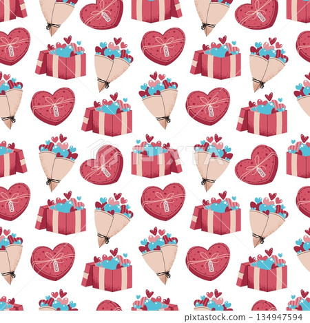 Seamless Pattern With Flower Bouquet, Gift Box And Hearts In Flat Style. Classic Valentine's Day Present Texture For Fabric, Background, Packaging, Wallpaper And Surface Design. Perfect Gift Concept. 134947594