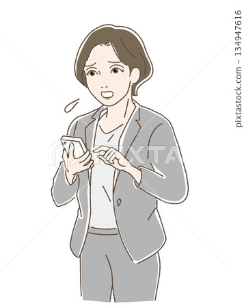 A woman in a suit with a troubled expression looking at her smartphone while out and about. Business person, trouble, worries A woman in a suit with a troubled expression looking at her smartphone while out and about. Business person, trouble, worries 134947616