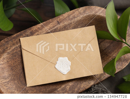 Sealed envelope mockup on brown wooden tray near green leaves and grey fabric top view Sealed envelope mockup on brown wooden tray near green leaves and grey fabric top view 134947728
