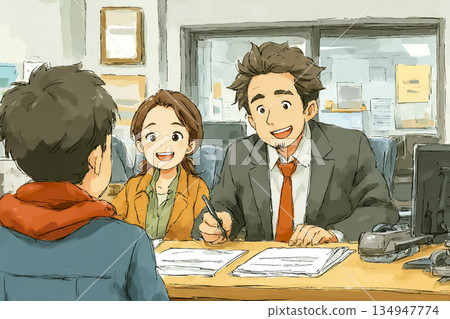 A male bank employee explaining documents at a bank counter | Illustration of a friendly and trustworthy consultation scene 134947774