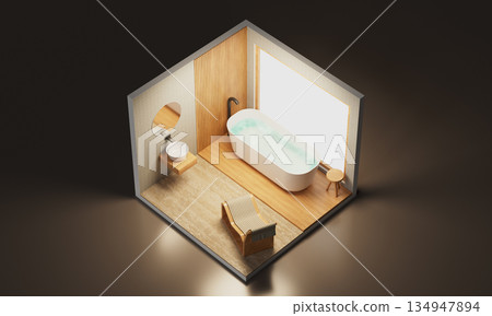 Isometric Cozy Modern Bathroom Interior with Bathtub and Lounge Chair 134947894