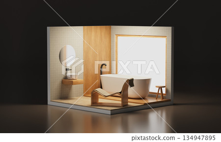 Isometric Cozy Modern Bathroom Interior with Bathtub and Lounge Chair 134947895
