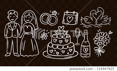 Wedding Doodle Sketch Icon Set Vintage Party Love Vector Romantic Bride and Groom Element 134947925