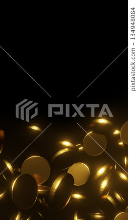 Gold coins falling on black background with copy space 3D render Gold coins falling on black background with copy space 3D render 134948084
