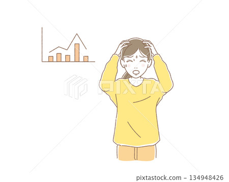 Illustration of a woman in a cold sweat, holding her head and lamenting the loss of the new NISA, with a stock market crash chart in the background 134948426