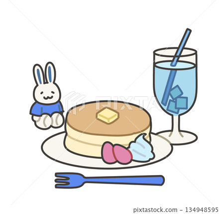 Illustration of a stuffed toy wearing a blue T-shirt with pancakes and a blue drink 134948595