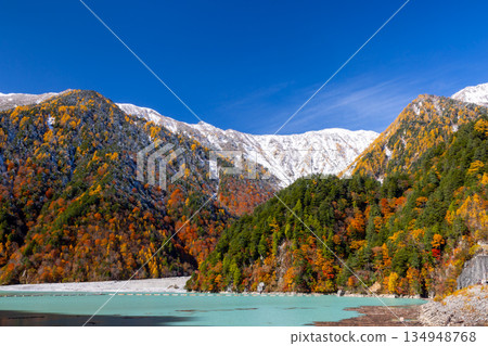 長野縣大町市平良－高瀨水壩調節湖的秋葉呈現出鮮豔的乳藍色，遠處是白雪皚皚的山峰，映襯著蔚藍的天空。 134948768