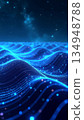 Dynamic abstract composition featuring luminous blue wave patterns with sparkling light particles, creating a sense of digital flow and movement across a starry night sky backdrop. 134948788