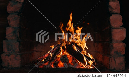 Ancient Castle Fireplace in Clay Oven , Close-up Ancient Castle Fireplace in Clay Oven , Close-up 134948914