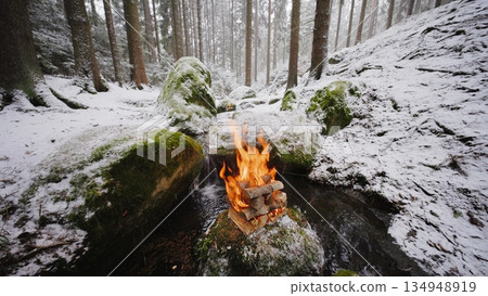 Beautiful Crackling Campfire in the Winter Forest with Mossy Stones and Gurgling Stream , Authentic Place Beautiful Crackling Campfire in the Winter Forest with Mossy Stones and Gurgling Stream , Authentic Place 134948919