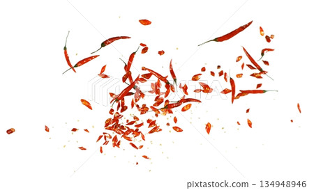 Freeze Motion Shot of Flying Red Chili Peppers Isolated on White Background 134948946