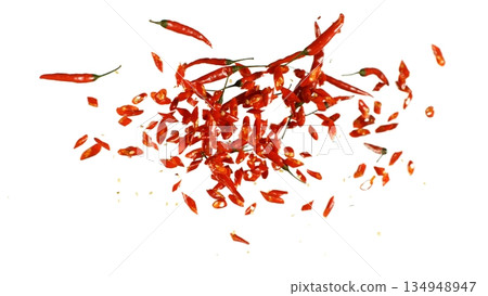 Freeze Motion Shot of Flying Red Chili Peppers Isolated on White Background 134948947