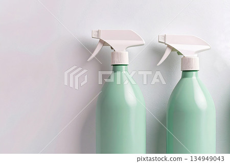 Commercial use. Green sprays in a row on a white background. Disinfectant, glass cleaner, all-purpose surface cleaner. Mockup for branding cleaning product. 134949043