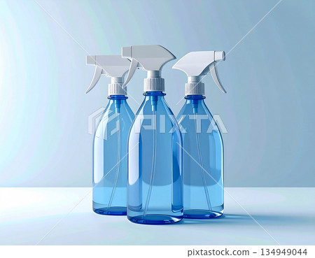 Professional cleaning service ads. Three transparent sprays in a row on a white background. Disinfectant, glass cleaner, all-purpose surface cleaner. Mockup for branding cleaning product. 134949044