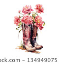 Hand-drawn realistic western boots and pink roses, vintage romantic watercolor art 134949075