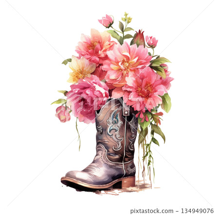 A graphic of boots with flowers drawn in vivid colors, high-quality country goods vector material A graphic of boots with flowers drawn in vivid colors, high-quality country goods vector material 134949076