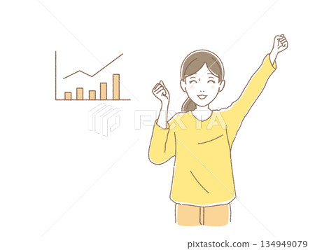 Illustration of a woman celebrating with a fist pump against a background of rising stock prices - New NISA investment success Illustration of a woman celebrating with a fist pump against a background of rising stock prices - New NISA investment success 134949079