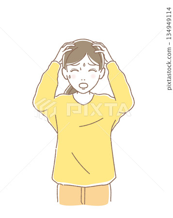 Illustration of a woman in a cold sweat, holding her head and feeling shocked, worries, failure, trouble Illustration of a woman in a cold sweat, holding her head and feeling shocked, worries, failure, trouble 134949114