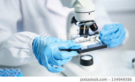 Adult hands in blue gloves operating microscope conducting scientific research medical laboratory analysis healthcare discovery biotechnology innovation concept Adult hands in blue gloves operating microscope conducting scientific research medical laboratory analysis healthcare discovery biotechnology innovation concept 134949386