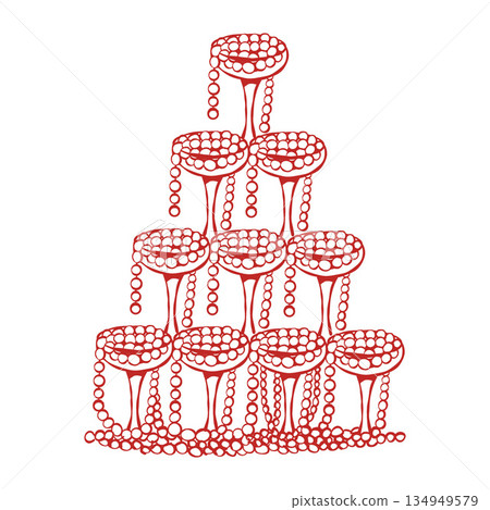 An elegant hand-drawn tower of pearl-studded glasses in a whimsical style. Isolated vector red outline illustration. Festive alcoholic drinks 134949579
