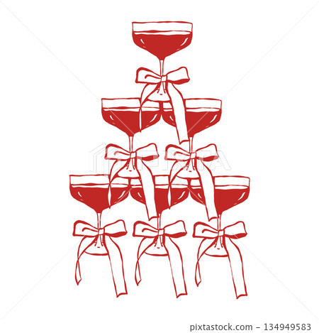 An elegant hand-drawn champagne tower with whimsical bows. Martini pyramid. Isolated vector red outline illustration. Festive alcoholic drinks 134949583