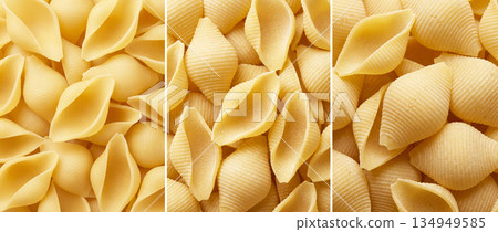 Image divided into three parts showing conchiglioni pasta. Healthy Eating Day 134949585