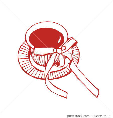 An elegant tea or coffee cup with a bow. Vintage tea set. Vector outline whimsical illustration in red. 134949602